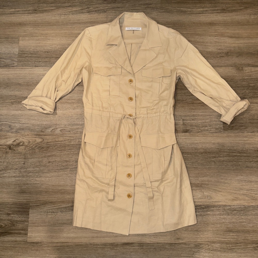 Trina Turk Tasha Utility Drawstring Linen Blend Shirtdress Beige Safari Mini S